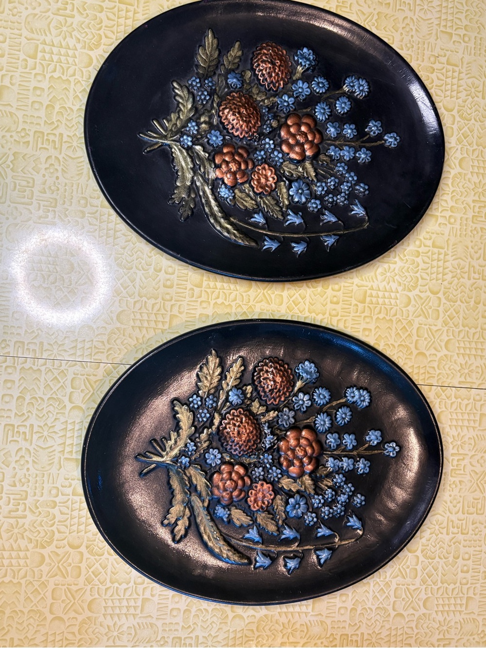 Vintage Set of Two Black Floral Embossed Ceramic Wall Decor